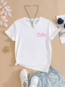 SHEIN Maglietta bianca a maniche corte con scollo rotondo, per ragazze adolescenti, con stampa ad onde del mare e fiocco, adorabile, ideale per vacanze