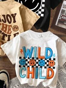SHEIN Set de 3 camisetas de manga corta de cuello redondo holgadas con estampado de letras sonrientes y estilo minimalista casual para niño, apropiadas para el verano