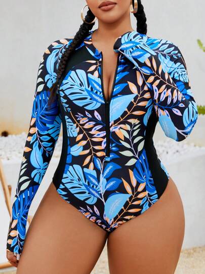 Swim SPRTY Traje de baño de una pieza con cremallera frontal y estampado aleatorio de manga larga para mujer de talla grande, traje ajustado para playa, vacaciones y natación