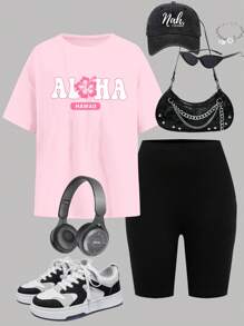 SHEIN Aloha 花卉图案休闲宽松粉色短袖 T 恤和黑色自行车短裤两件套，适合少女，复古度假氛围，适合夏季 - 彩色 - 查看 4