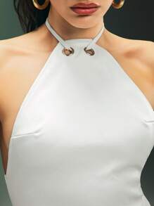 Denimoi 露背仿皮 O 形环吊带上衣 女生夜间外出约会夜夏季风格露背音乐会性感上衣 - 白色 - 查看 2