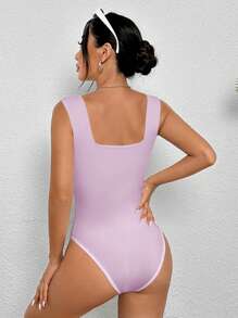 SHEIN PETITE Women's Mauve Purple Square Neck Sleeveless Bodysuit: Casual And Backless Style - Mauve Purple - View 2