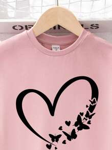 SHEIN 2 件 Tween 女童休闲心形印花粉色短袖圆领 T 恤和黑色裤子套装，夏季返校装 - 彩色 - 查看 3