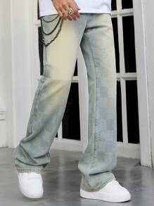 ROMWE MEN Street Life Men's Casual Checkerboard Washed Checked Flare Leg Jeans - Blue - View 2