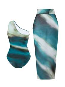 Swim Oasis 1 件大码扎染印花单肩连体泳衣和罩衫裙海滩装女士夏季度假装 - 彩色 - 查看 2