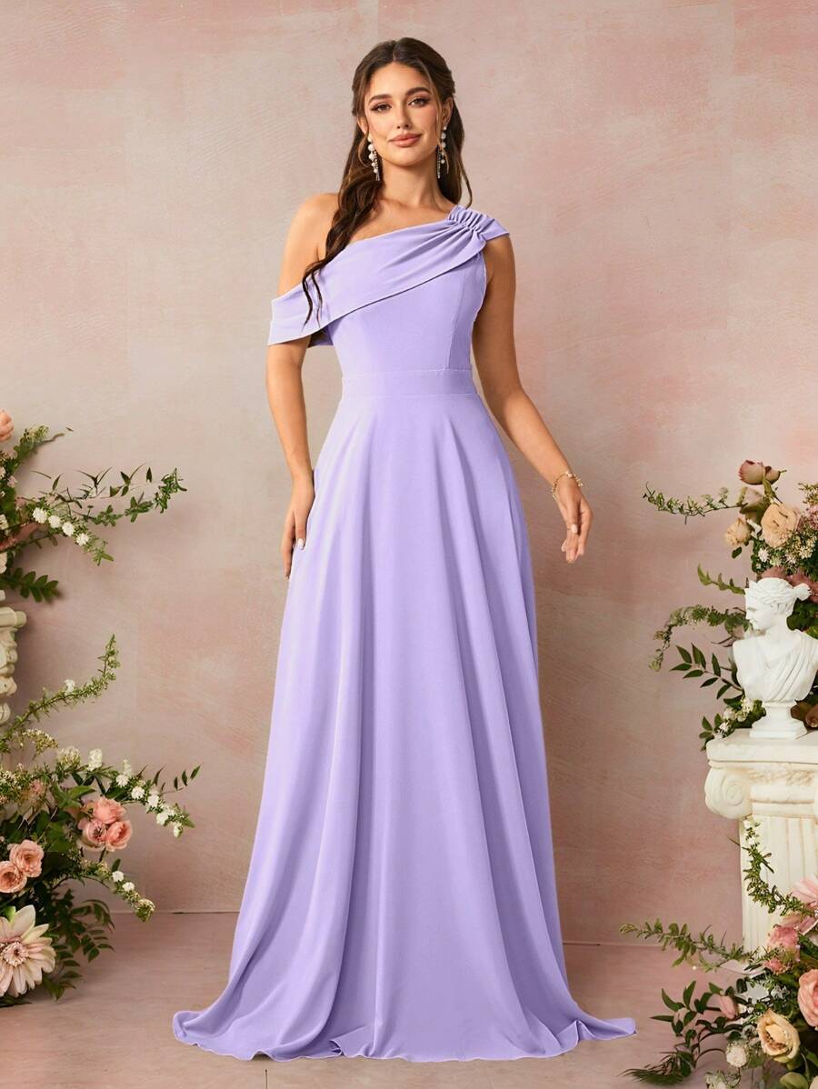 SHEIN Belle 女士纯色不对称领口优雅伴娘礼服 - 淡紫色 - 查看 1