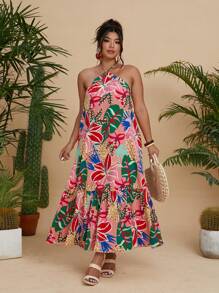 SHEIN LUNE Women's Plus Size Casual Bohemian Tropical Print Backless Halter Dress - Multicolor - View 5