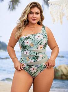 Swim Lushoire Plus Size 1pc Women Plant Print Mesh Patchwork One-Piece Swimsuit, Fashionable Casual Holiday Style - Multicolor - View 3