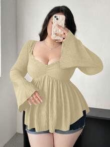 Flirla Plus Size Women Contrast Lace V-Neck Flared Sleeve Textured Knit T-Shirt - Apricot - View 6