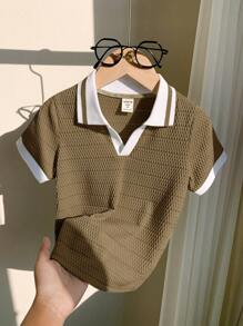 Young Boy Sporty & Casual Color Block Short Sleeve Polo Shirt With Decorative Details,Suitable For Commuting, School, Daily Leisure, Vacation, Travel, Suitable For Sports, Suitable For Kids', Young Boy, School Boys, Boys, Family Matching, Birthday Party, Suitable For Daily, Suitable For School, Suitable For Sports, Spring And Summer Season. - Khaki - View 7