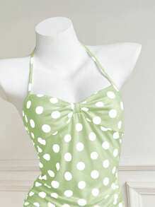 SHEIN Unity Valentine's Day Polka Dot Bowknot Ruched Halter Neck Tank Top - Green - View 4