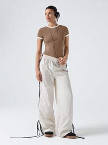 SHEIN EZwear Damen gebundener Rundhals Kurzarm Lässig T-Shirt Bodysuit