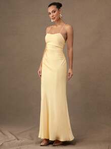 Silquee Đầm dạ hội màu vàng bơ cao cấp, thích hợp cho lễ tốt nghiệp đầu xuân hè, đám cưới và buổi hẹn hò lãng mạn ngày Valentine. Đầm ôm sát gợi cảm, thanh lịch với dây đeo xếp nếp. - Màu vàng - Xem 6