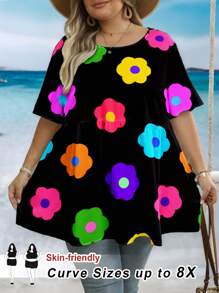 SHEIN CURVE+ Casual Minimalist All Over Print Plus Size Shirt, Pullover Doll Sweater Chic Blouses For Women - Multicolor - View 6