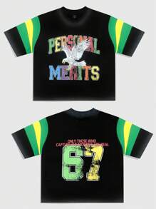 ROMWE MEN Street Life Conjunto de camiseta y pantalones cortos para hombre con estampado de letras y combinación de colores de contraste - Negro - Ver 3