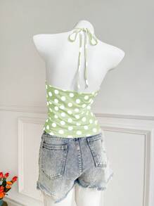 SHEIN Unity Valentine's Day Polka Dot Bowknot Ruched Halter Neck Tank Top - Green - View 2