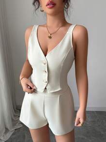 Chiquease Conjunto de 2 piezas para mujer, con top de cierre a presión y abertura en borde + shorts en unicolor simple de estilo casual y de diario