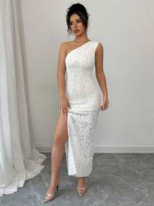 Elenzga Women's Lace Fitted Elegant Midi Dress With Ruffle Trim, Side Slit And Ruffled Hem, Extra Long Dress Suitable For Summer Vacation, Date, Everyday Wear