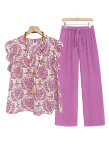 EMERY ROSE Bộ 2 món cỡ lớn: Áo sơ mi và quần in họa tiết thường ngày cho kỳ nghỉ - Màu tím - Xem 1