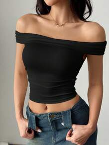 Sweetra Maglietta attillata donna estiva con spalle scoperte, volant e colore unito, outfit stile Y2K
