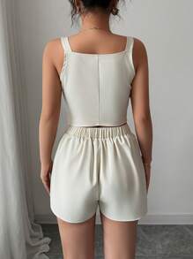 Chiquease Conjunto de 2 piezas para mujer, con top de cierre a presión y abertura en borde + shorts en unicolor simple de estilo casual y de diario
