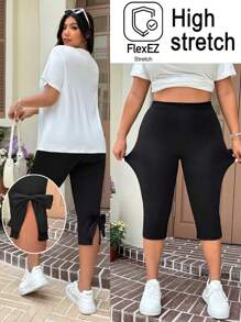 SHEIN EZwear Plus Size Women's Black 7/8 Length Casual Pants With Bow Decor
