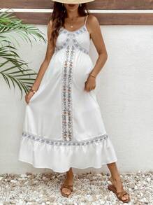 SHEIN White Boho Maternity Midi Dress With Floral Embroidery And V Neck - White - View 1