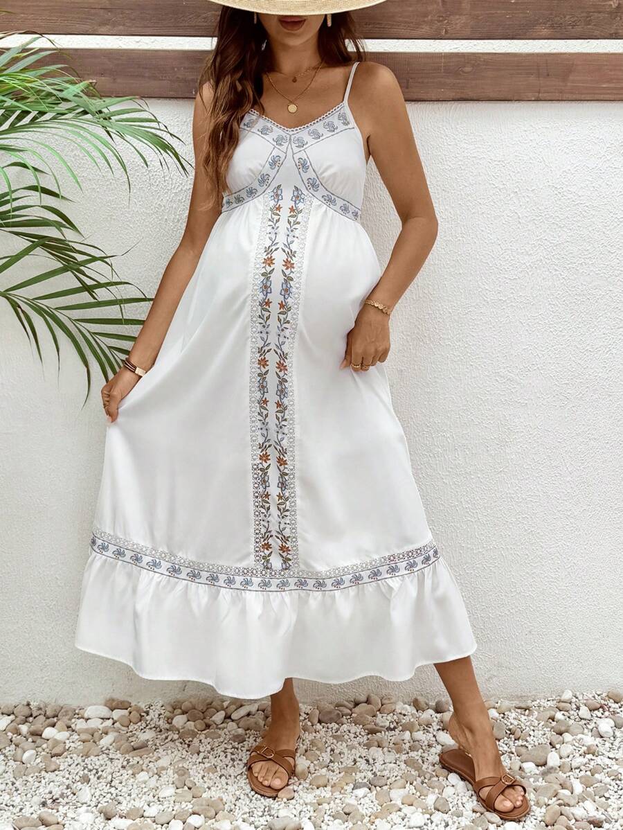 SHEIN White Boho Maternity Midi Dress With Floral Embroidery And V Neck - White - View 1