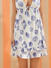 WESTFADE Vestido corto con volantes y escote en V, cordones y tirantes de espagueti con estampado de conchas marinas, ideal para vacaciones primaverales en la playa