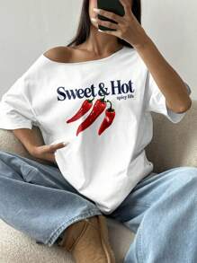 Flirla 女士加大码宽松 Spicy Life 图案不对称领口短袖 T 恤，超大码 - 白色 - 查看 1