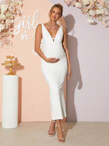 Loomaby Pregnant Women Solid Color Deep V Slim Fit Elegant Sleeveless Dress Maternity Dress