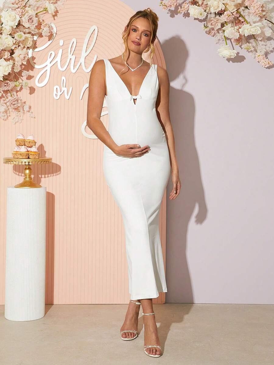 Loomaby Pregnant Women Solid Color Deep V Slim Fit Elegant Sleeveless Dress Maternity Dress