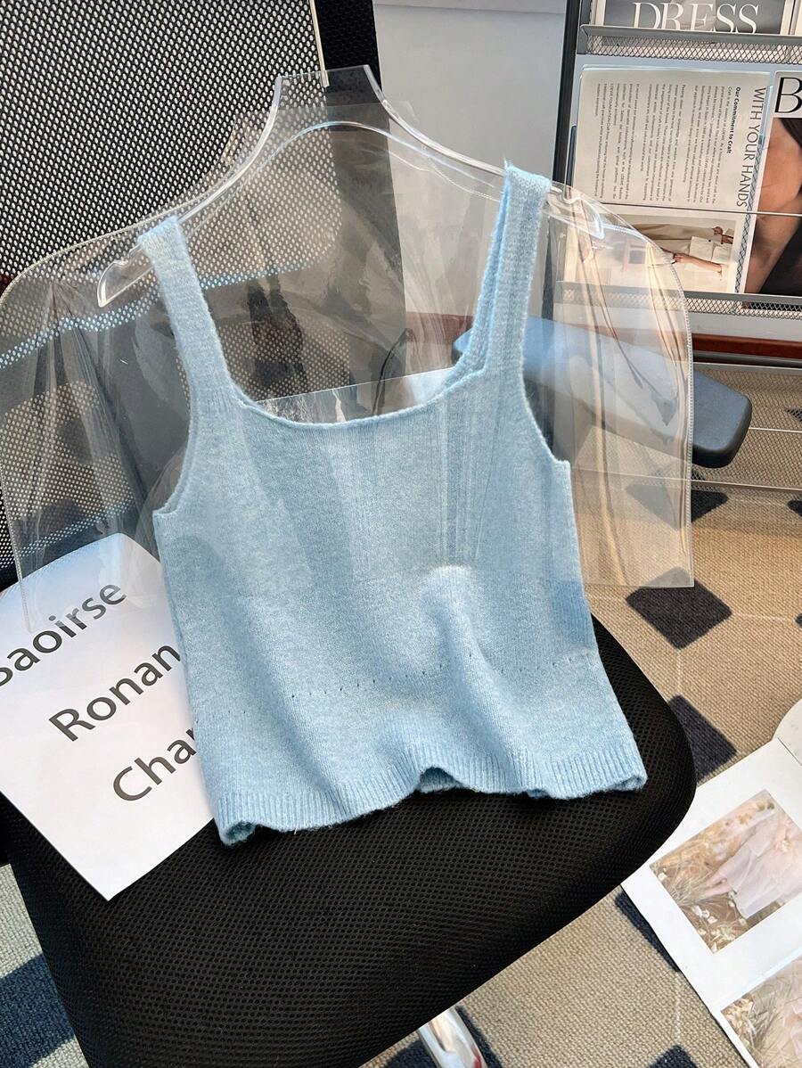 SHEIN Unity 全新纯色蝴蝶结前后双面修身女式针织毛衣 - 藍色 - 查看 1