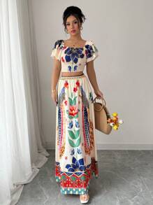 Elenzga Conjunto elegante y de moda para mujer con estampado floral, línea A, cuello cuadrado y volantes en la cintura, ideal para ir al trabajo, vacaciones, playa o fiestas - Multicolor - Ver 6