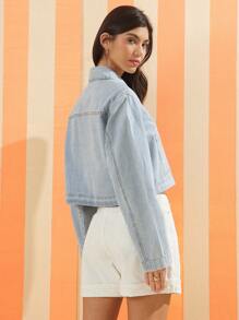 WESTFADE 领口纽扣前开春季条纹长袖宽松短款西部牛仔夹克夏季海滩休闲可爱度假 - 彩色 - 查看 4