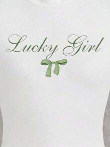 Teen Girl Fashionable Casual Minimalist Creative Fresh Green Bow Letter Graphic Print Tight Fitting Crop Top, Sibling T-Shirt Matching T-Shirt (2 Pieces Sold Separately) - White - View 6