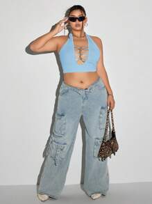 SHEIN ICON Plus Size Slim Fit Deep V-Neck Beaded Decoration Halter Neck Tank Top - Baby Blue - View 4