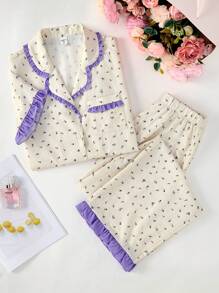 SHEIN Teens Girls Minimal Ditsy Floral Collar Button Short Sleeve Top & Color Block Ruffle Hem Long Pants 2 Pieces Pajama Set, Graduation Pajamas - Purple - View 5
