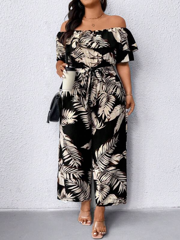Breezaya Plus Size Elegant Printed Ruffle Ruffle Jumpsuit With Self Belt, Short Sleeve