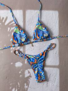 Elavelle Springbreak Women Random Print Spaghetti Strap Sexy Bikini Sets For Summer Beachwear - Multicolor - View 4