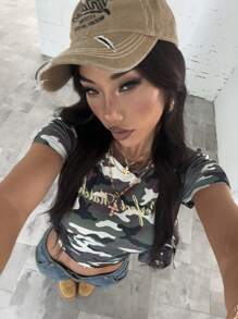 StreetHx Women Vintage Army Green Camouflage Print Fitted Cropped T-Shirt - Army Green - View 1
