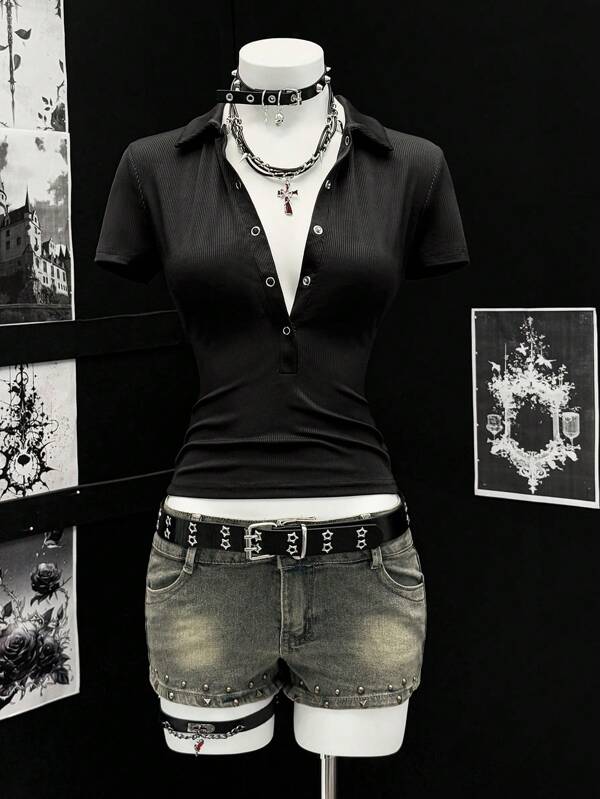EgrlEra Women Sexy Solid Color Short Sleeve Lapel T-Shirt