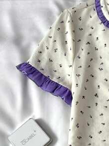 SHEIN Teens Girls Minimal Ditsy Floral Collar Button Short Sleeve Top & Color Block Ruffle Hem Long Pants 2 Pieces Pajama Set, Graduation Pajamas - Purple - View 4