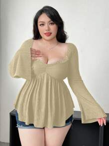 Flirla Plus Size Women Contrast Lace V-Neck Flared Sleeve Textured Knit T-Shirt - Apricot - View 3