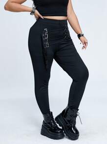 Flirla 大码女式高腰弹力朋克金属装饰紧身裤 - 黑色 - 查看 6