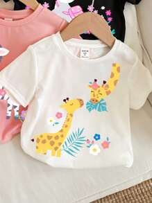 SHEIN Leap Crew ModeFlare Wear 3pcs Back To School Set, Young Girl's Casual Simple Cartoon Giraffe, Zebra, Rabbit Print Short Sleeve T-Shirts, Suitable For Summer - Multicolor - View 3