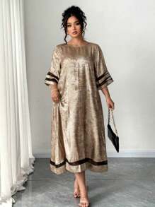 SHEIN Clasi Plus Size Women Metallic Solid Color Loose Mesh Splice Round Neck Short Sleeve Casual Long Dress