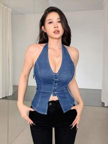 SHEIN ICON 女士性感无袖弹力牛仔吊带上衣，蓝色紧身胸衣，早午餐女士，可爱夏季上衣，蓝色紧身胸衣上衣 - 中等水洗藍 - 查看 5