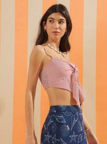 WESTFADE Áo crop top sọc ngang cổ chữ V họa tiết cowgirl miền Tây mùa hè đi biển - Đỏ và trắng - Xem 5