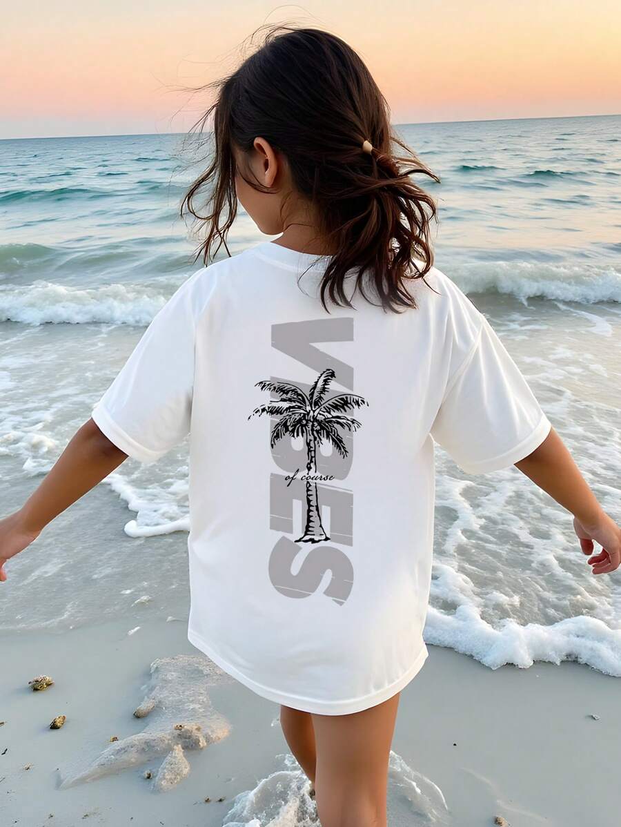 Teen Girls Holiday Palm Tree Letter Print Short Sleeve Casual T-Shirt - White - View 1